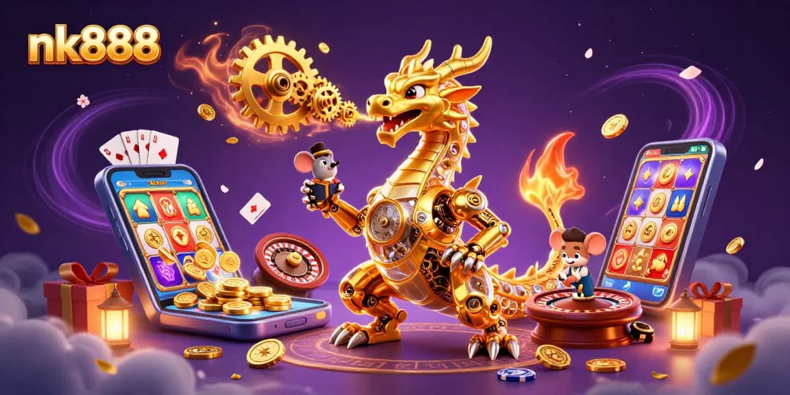 Win big with nk888 at dynamic digital slots, showcasing a vibrant 3D dragon and interactive gaming elements.