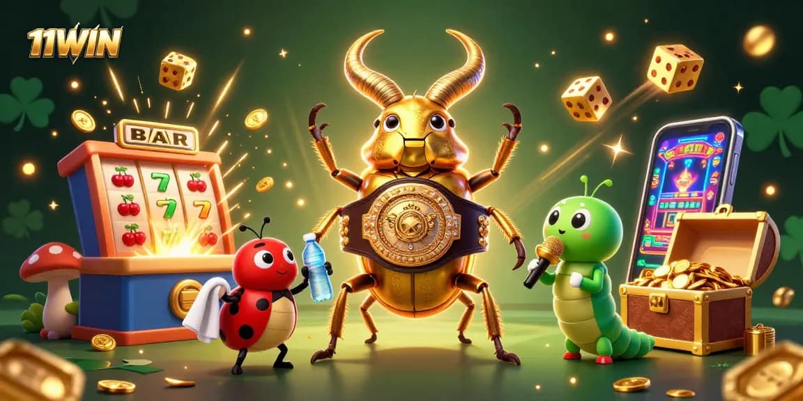 Join the excitement with 11WIN's dynamic casino scene featuring a golden beetle and jackpot symbols.