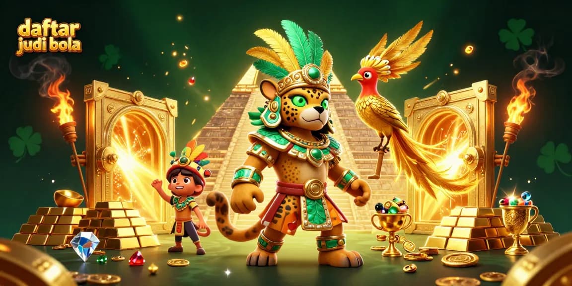 Engage in daftar judi bola, featuring a dynamic scene of a Mayan jaguar priest amidst treasure and vibrant gambling elements.