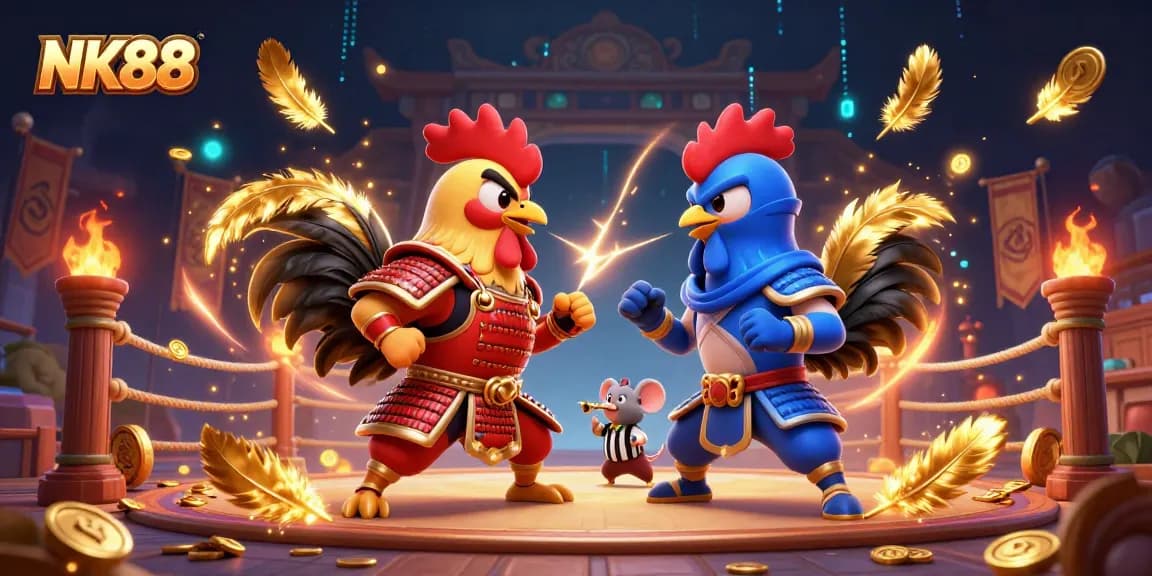 Engage with NK88: Epic duel of roosters in a casino arena, vibrant action and striking visuals.