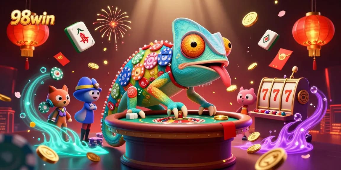 Experience the vibrant world of 98win with its dynamic gaming elements and a lively chameleon casino owner.