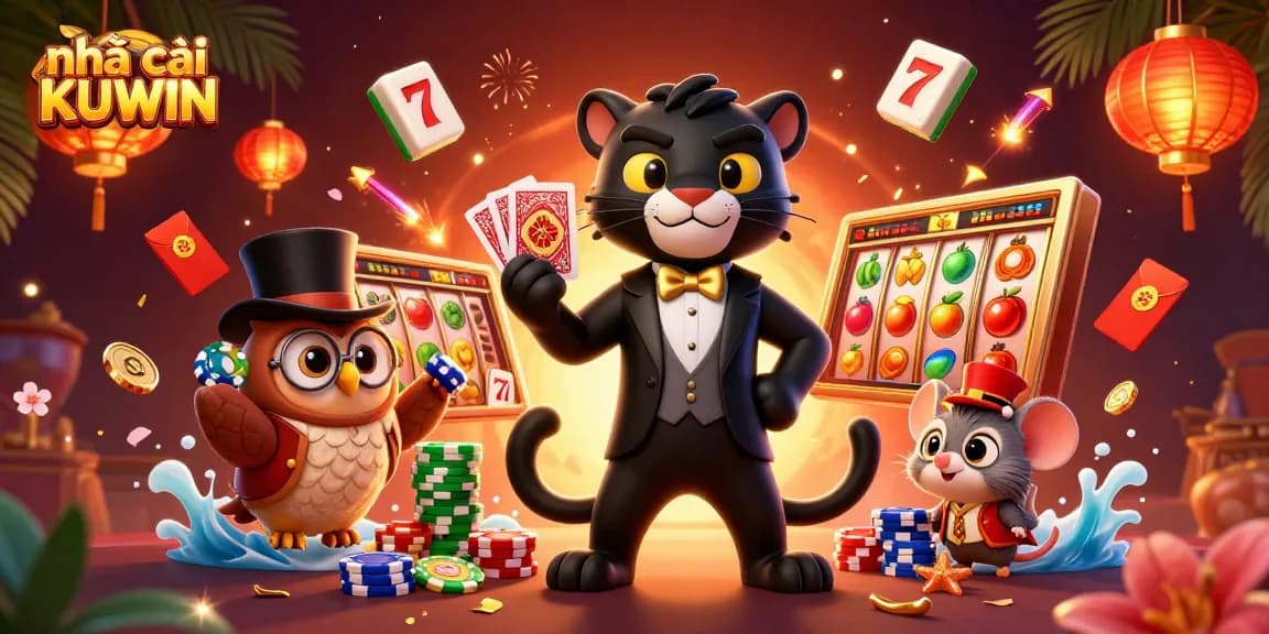 Engage in thrilling games at nhà cái KUWIN with a black panther dealer, owl with poker chips, and a lucky mouse.