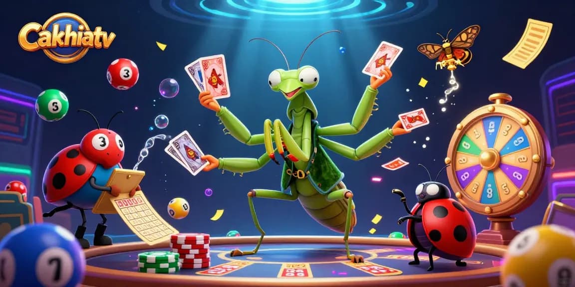 Cakhiatv brings an engaging atmosphere with a vibrant 3D illustration featuring a giant mantis card dealer and a ladybug pit boss.