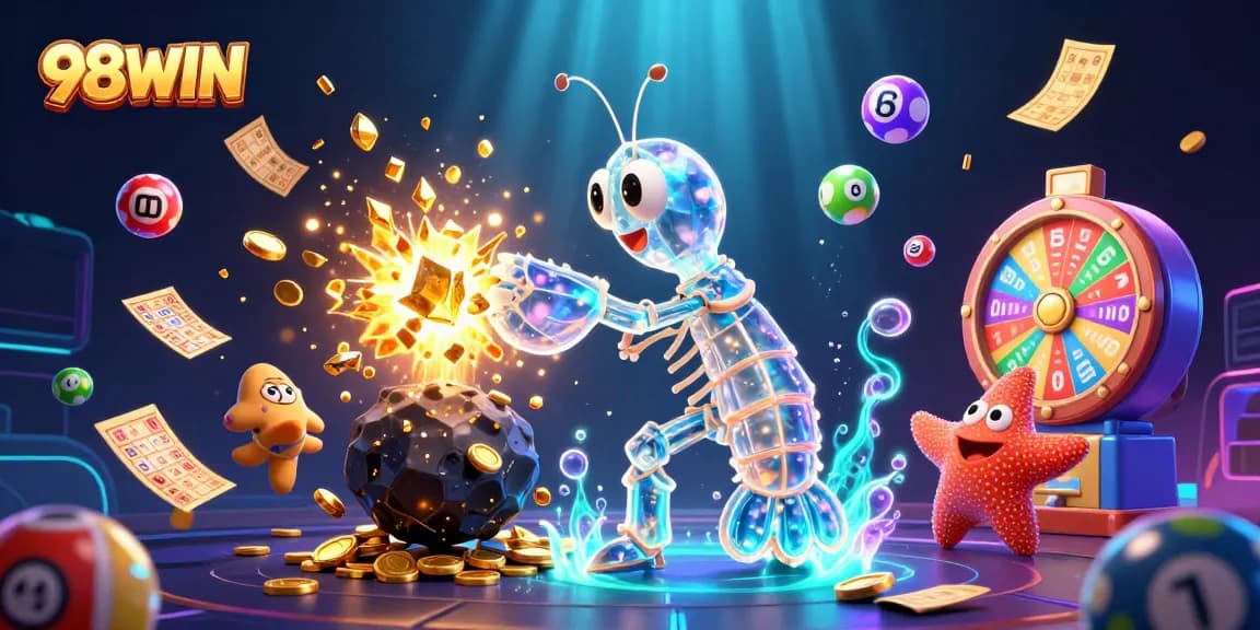 Experience the excitement of 98WIN with explosive gems and coins amidst vibrant casino elements.