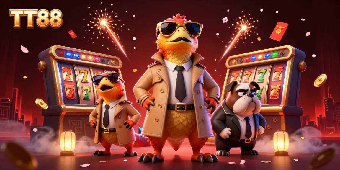 TT88 raptors entering a casino with slot reels and festive elements around