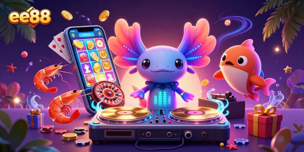 ee88 engages players with vibrant 3D casino illustration showcasing dynamic slot games and lively characters.