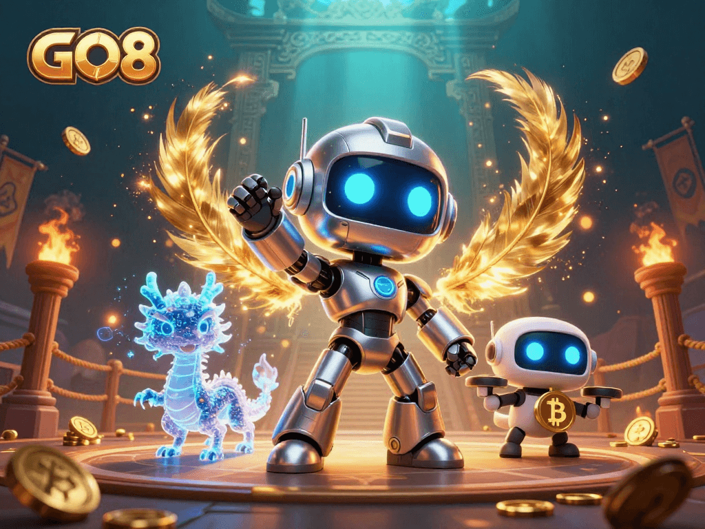 Engage with stunning visuals of GO8 featuring a cyberpunk robot, a holographic dragon, and a bitcoin drone in a vibrant casino.