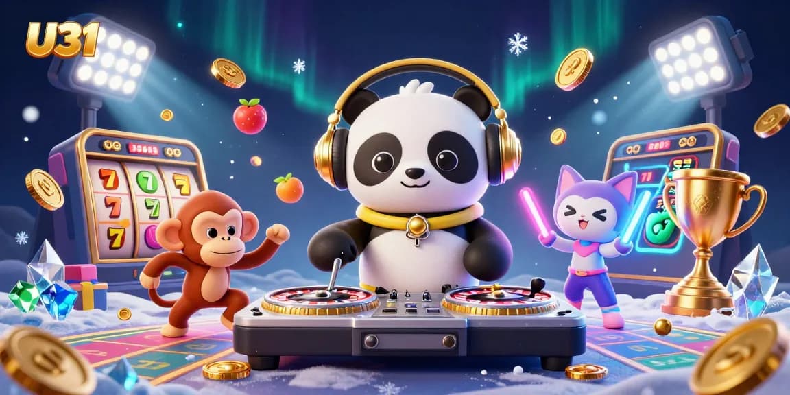 Experience the thrill of U31 casino with vibrant characters and dynamic slot elements around them.