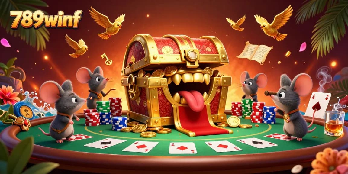Engage with the vibrant casino adventure of 789winf featuring treasure chests and poker elements.