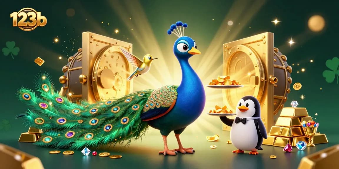 Betting with 123b features vibrant casino elements, a cartoon peacock, and treasures shining bright.