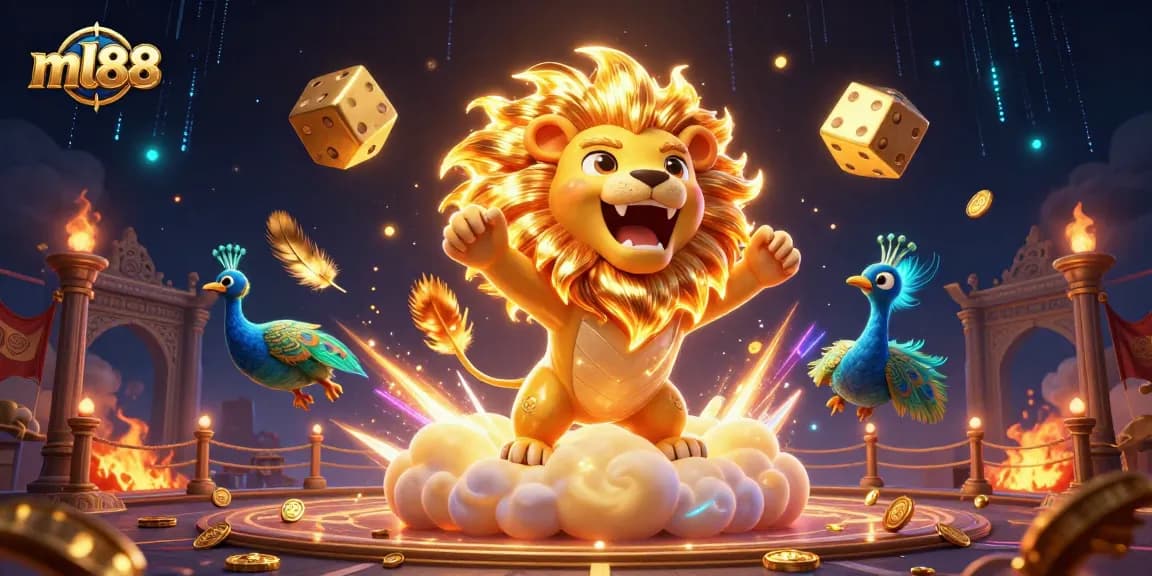 Experience top-tier gambling at ml88 with a dynamic scene featuring a roaring lion, golden dice, and vibrant casino elements.