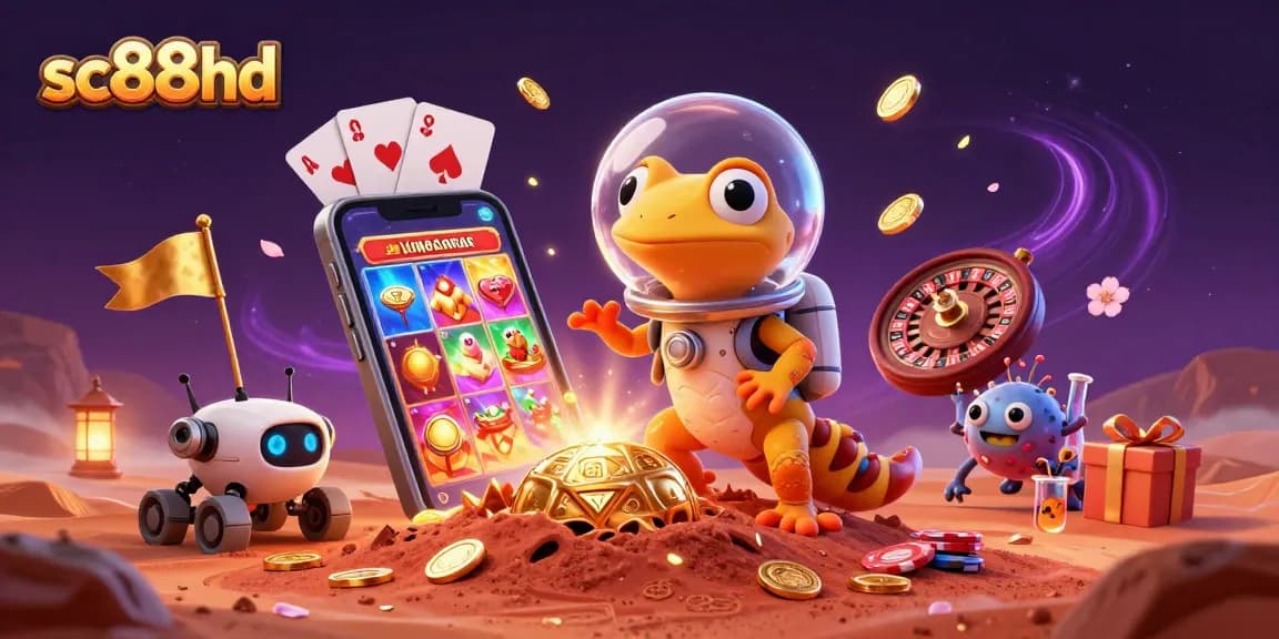 Engaging scene with sc88hd theme showcasing a Martian gecko encountering a buried casino on Mars.