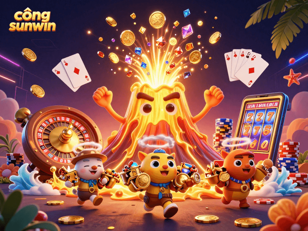 Cổng sunwin showcases a vibrant casino scene with a golden volcano and treasure-filled escapade, embodying excitement.
