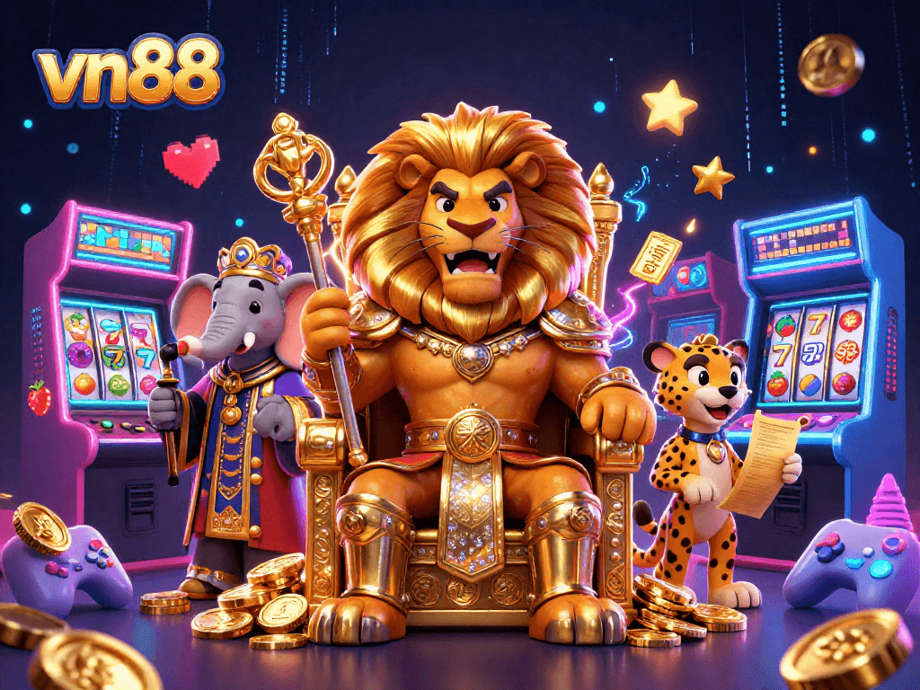 Engage with the vibrant world of vn88 gaming featuring a fierce lion king and arcade elements.