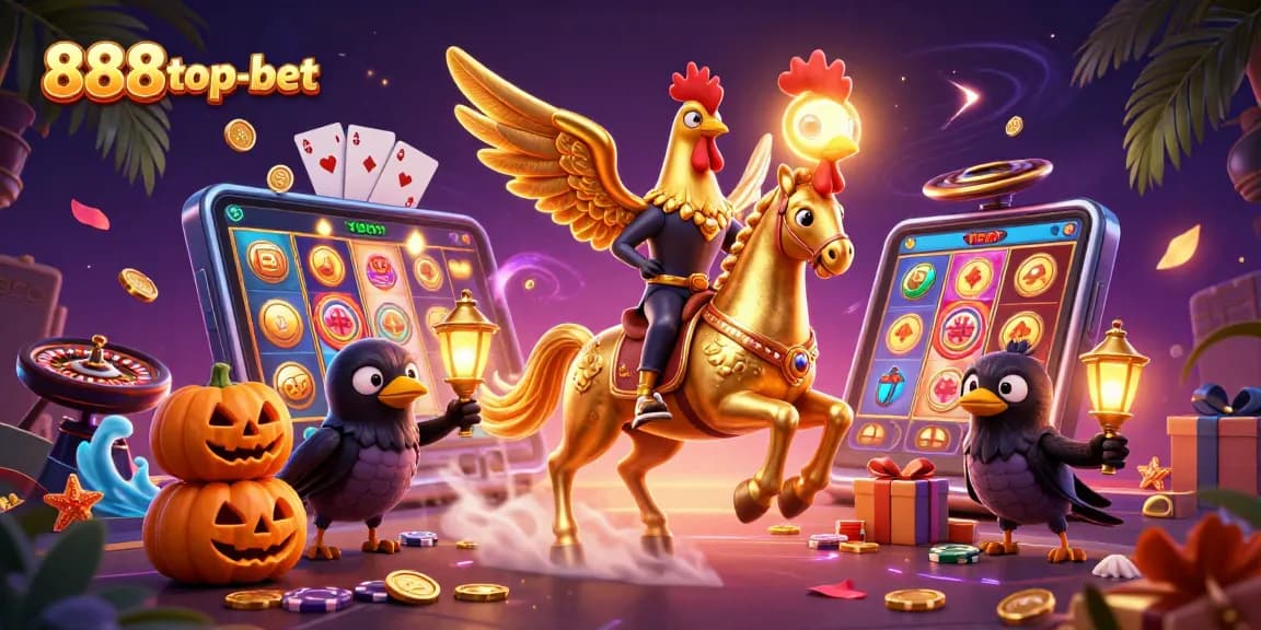 Experience thrilling gameplay at 888top-bet with a dynamic casino scene featuring golden rooster character.