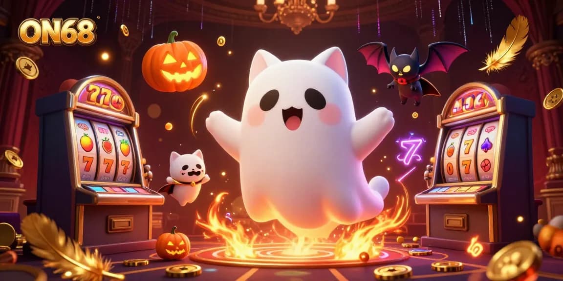 Engage in thrilling gaming action at ON68 with a ghost cat, vampire bat, and glowing jack-o-lanterns.