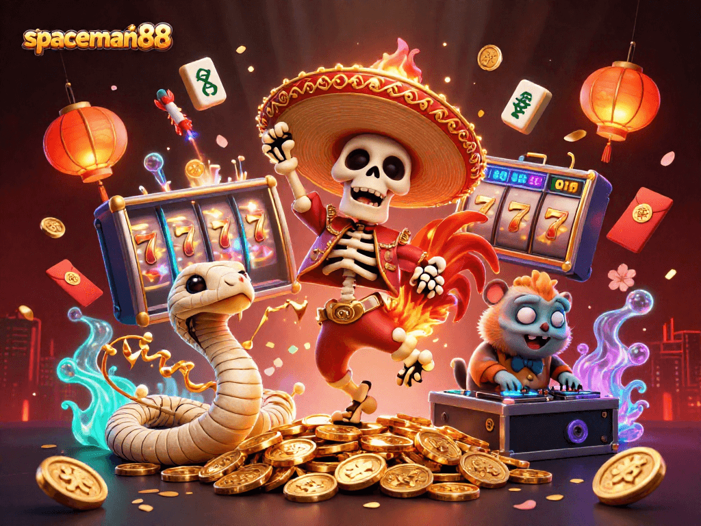 Witness the excitement of spaceman88 with a victorious rooster, mummy snake, and DJ hamster amidst dazzling jackpots.