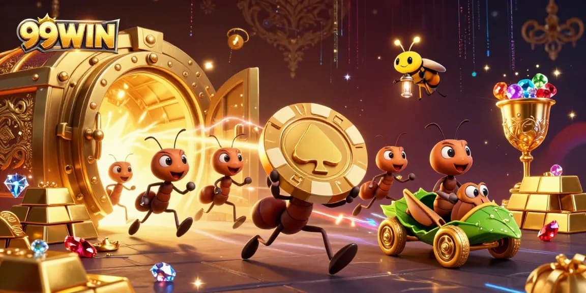 Experience the excitement of 99WIN as ants heist a giant poker chip in a dynamic casino-themed scene.