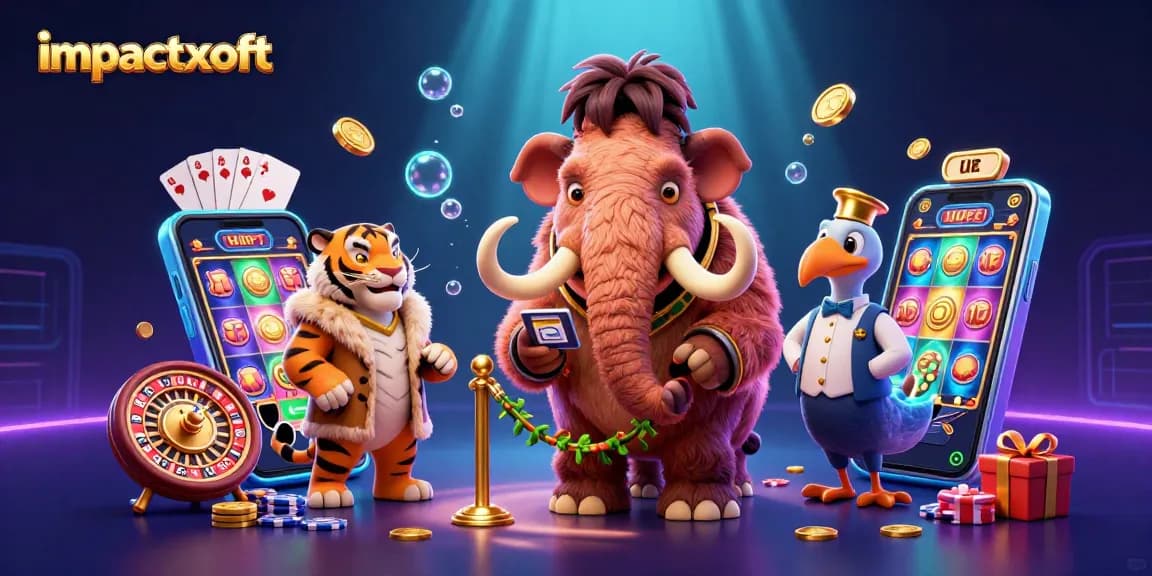 Engage with impactxoft's vibrant casino scene featuring a woolly mammoth bouncer, saber-tooth guest, and lively gaming elements.