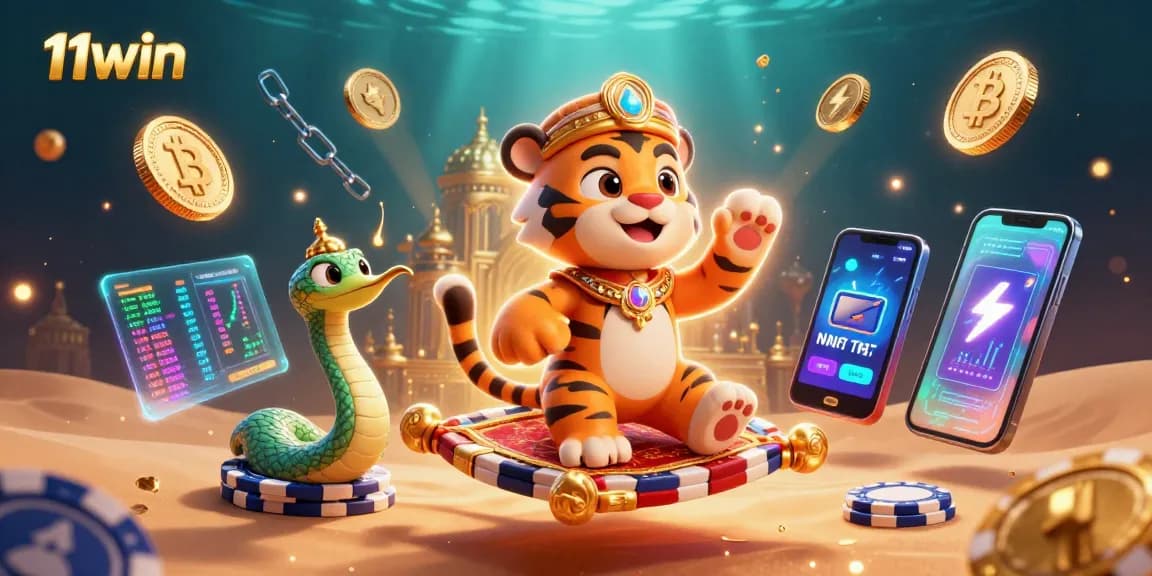 Experience the thrilling world of 11WIN with a tiger sultan and crypto elements in a vibrant casino setting.