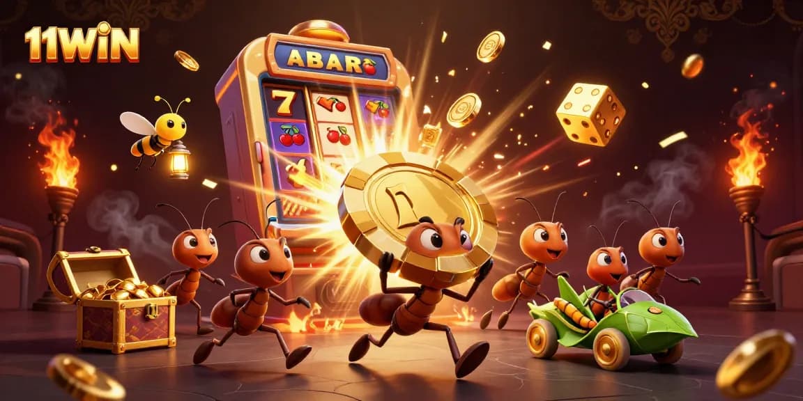 Engage with thrilling 11WIN gaming vibes as ants carry a giant golden poker chip amid vibrant casino elements.