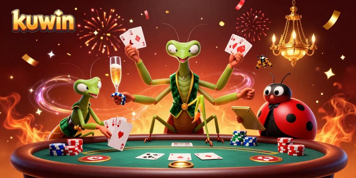 kuwin poker table scene featuring a giant mantis and a ladybug, showcasing vibrant casino action