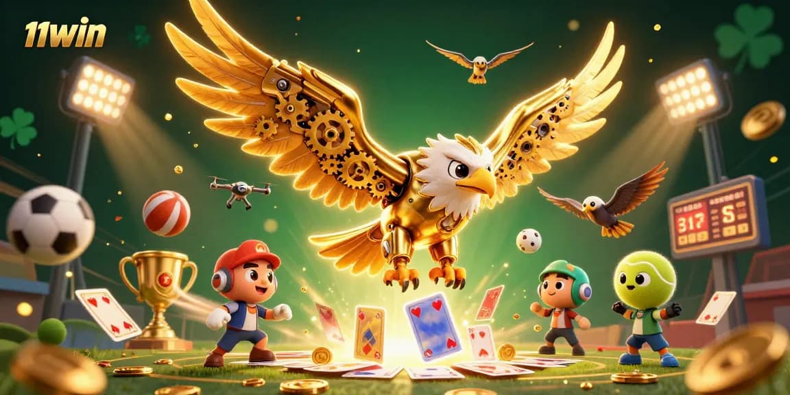 Experience thrilling sports betting with 11WIN's dynamic 3D illustration of a golden eagle amidst vibrant game elements.