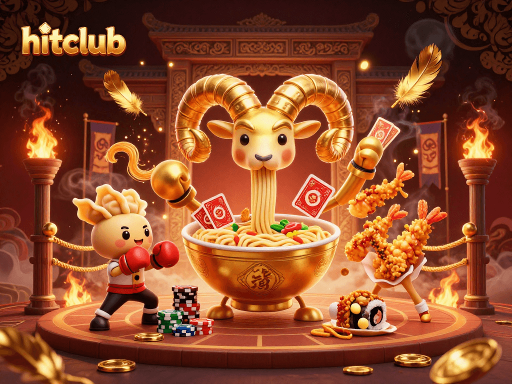 Win big with hitclub in a vibrant 3D casino illustration featuring noodle-tentacled fun!