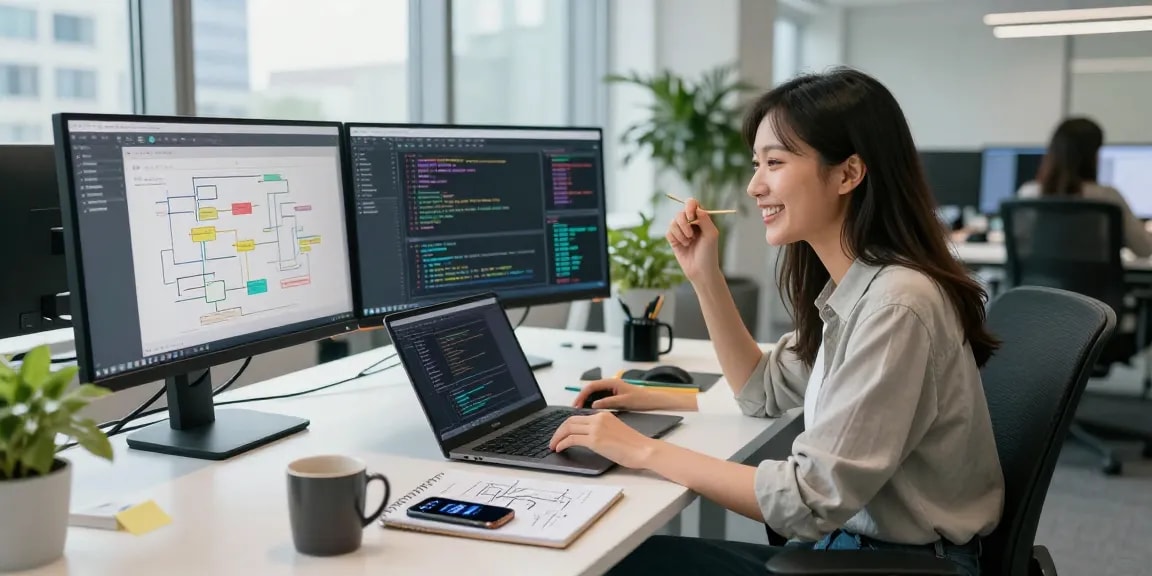 Building internal tools with AI in a modern office workspace with a professional creating a coding interface.