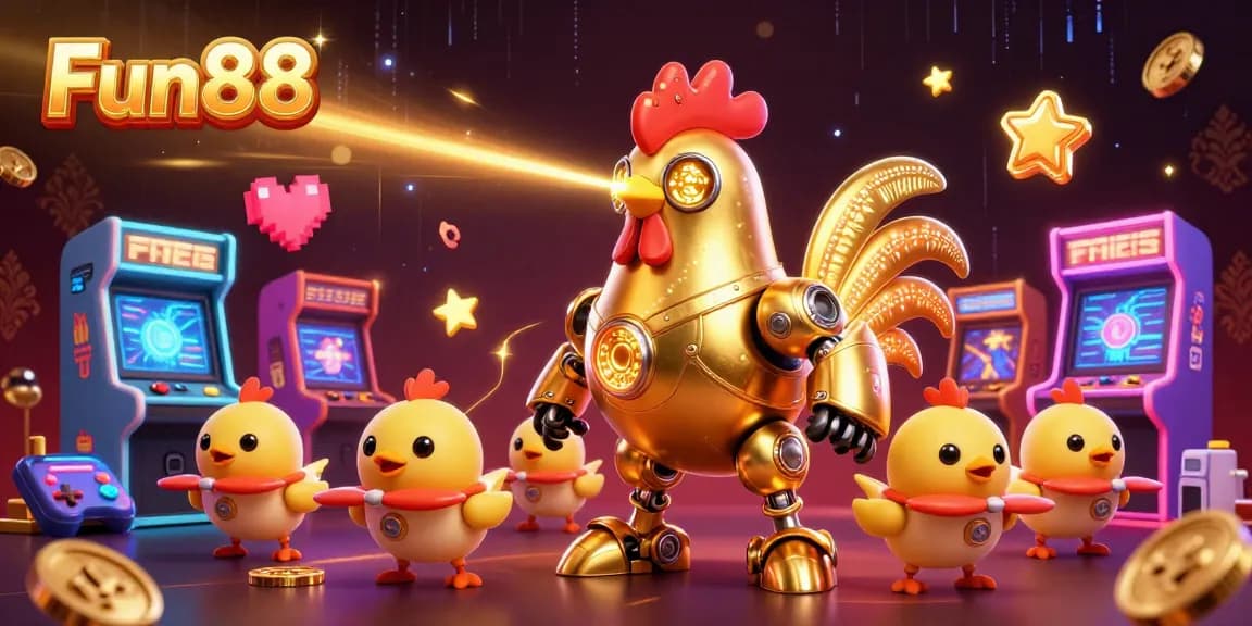 Experience Fun88's vibrant gaming excitement with a laser-shooting rooster robot and dynamic baby chick drones.