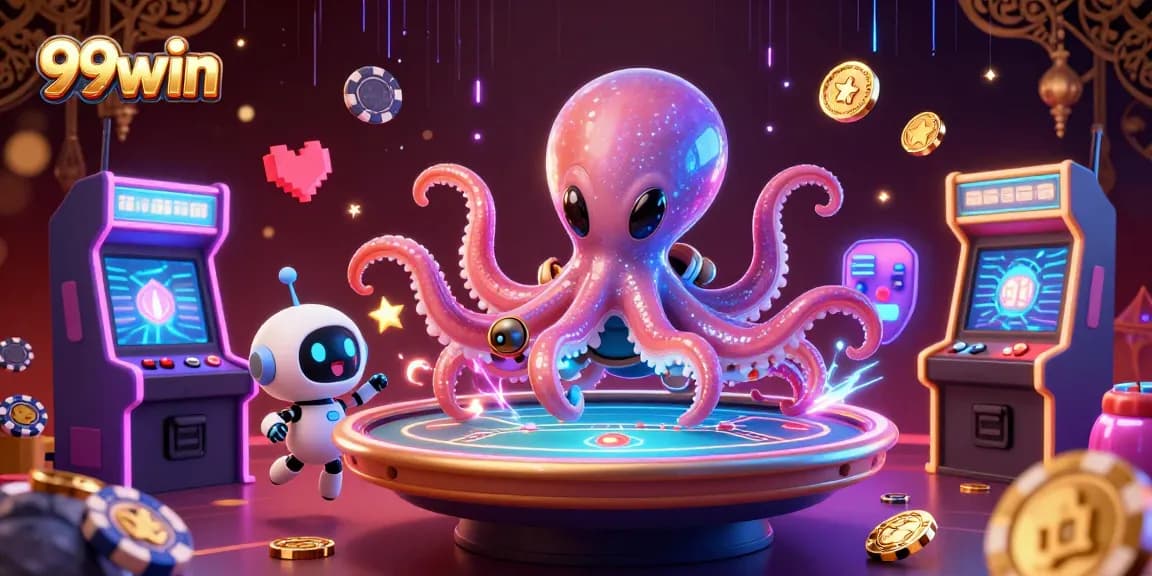 Engage with 99win's thrilling poker experience featuring an alien octopus and robot in action.