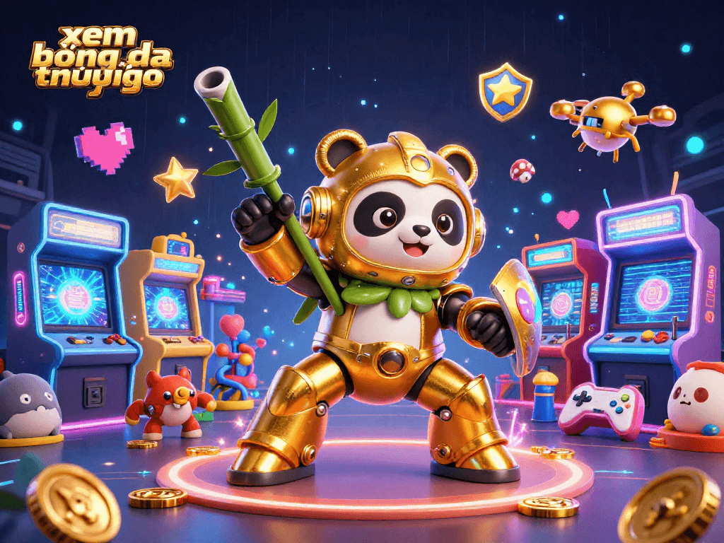 Experience xem bóng đá trực tiếp with a vibrant scene of animated characters and gaming elements.