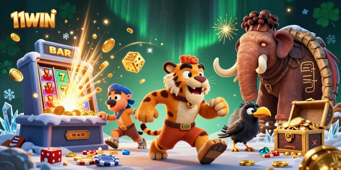 Win exciting jackpots with 11WIN in a vibrant prehistoric casino setting.