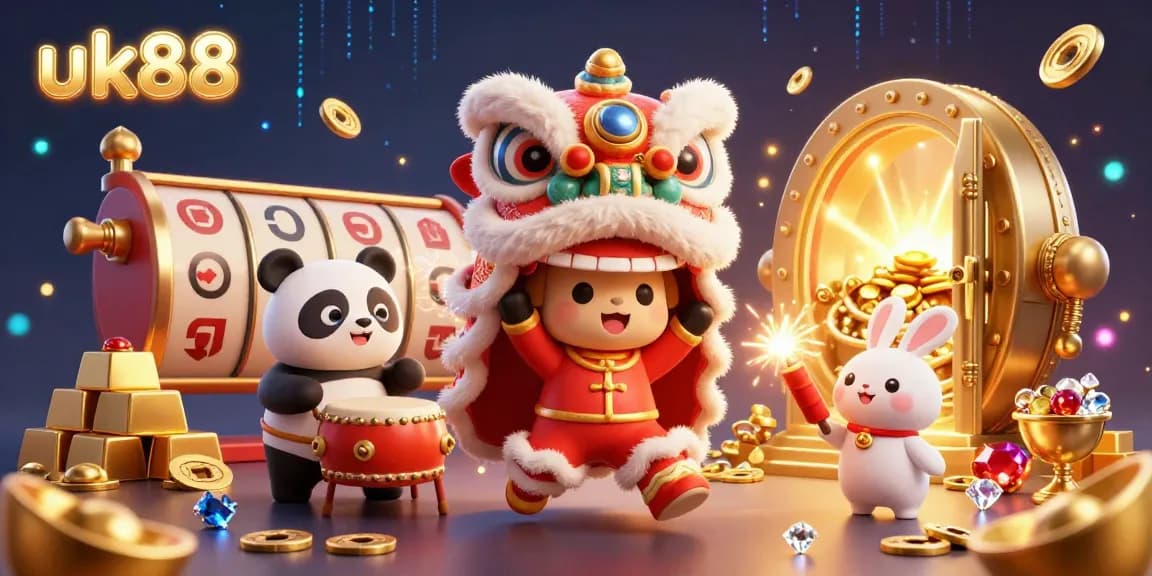 Engage with uk88's vibrant casino scene featuring a lion dance, drumming panda, and slot games.