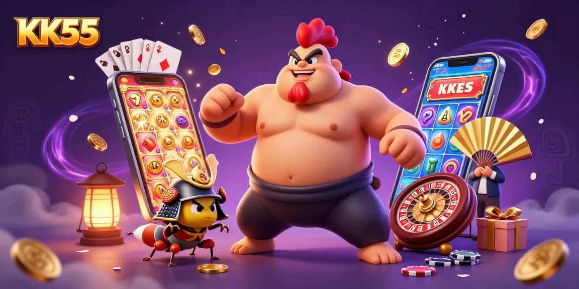 Spin to win with KK55: a vibrant 3D digital casino scene featuring slot games and action-packed characters.