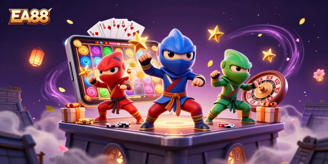 Experience thrilling gaming at EA88 with chameleon ninjas amidst vibrant casino elements.