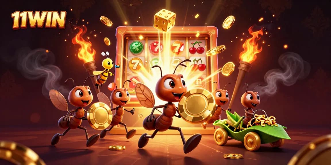 Engage with the thrilling heist scene of 11WIN, showcasing ants carrying a massive poker chip amidst casino chaos.