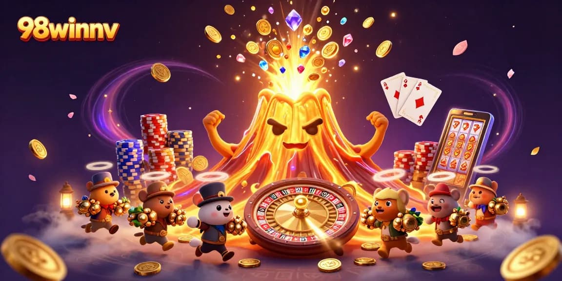 Engage with 98winnv as golden coins and treasures erupt from a victorious volcano in this dynamic casino scene.