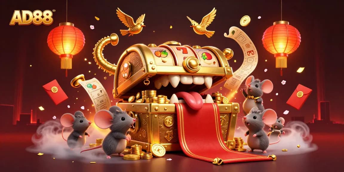 Experience thrilling wins with AD88 at this vibrant 3D casino scene filled with treasures and game symbols.