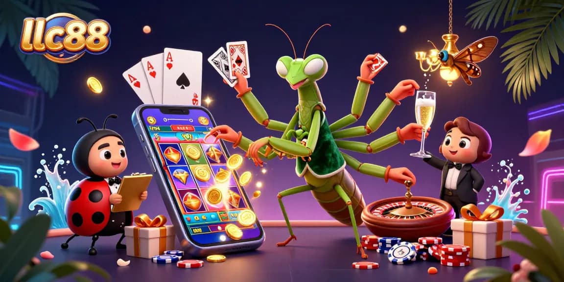 Engage in thrilling games at lclc88 featuring a giant mantis card sharp dealing cards and lavish casino elements.