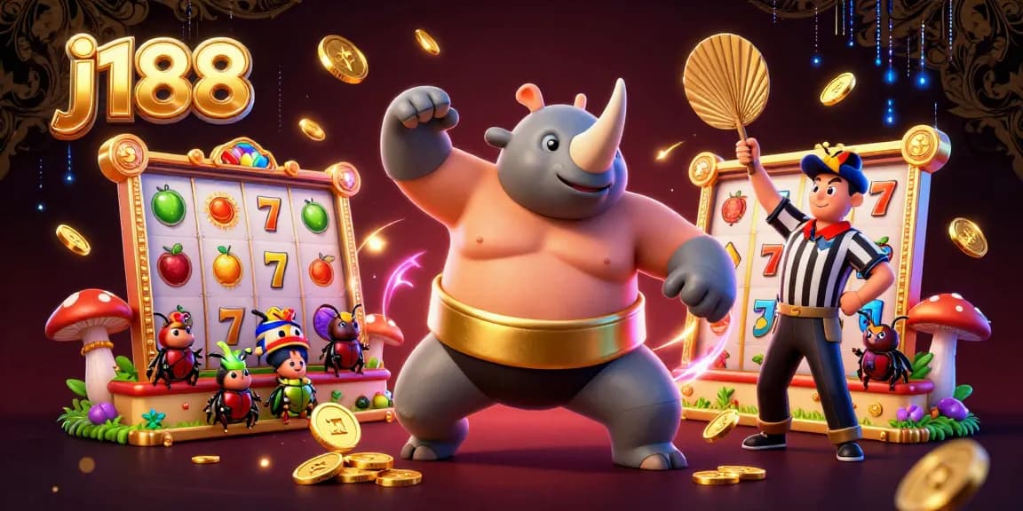 Engage with j188's vibrant slot games featuring a heroic rhinoceros beetle champion amidst golden coins.