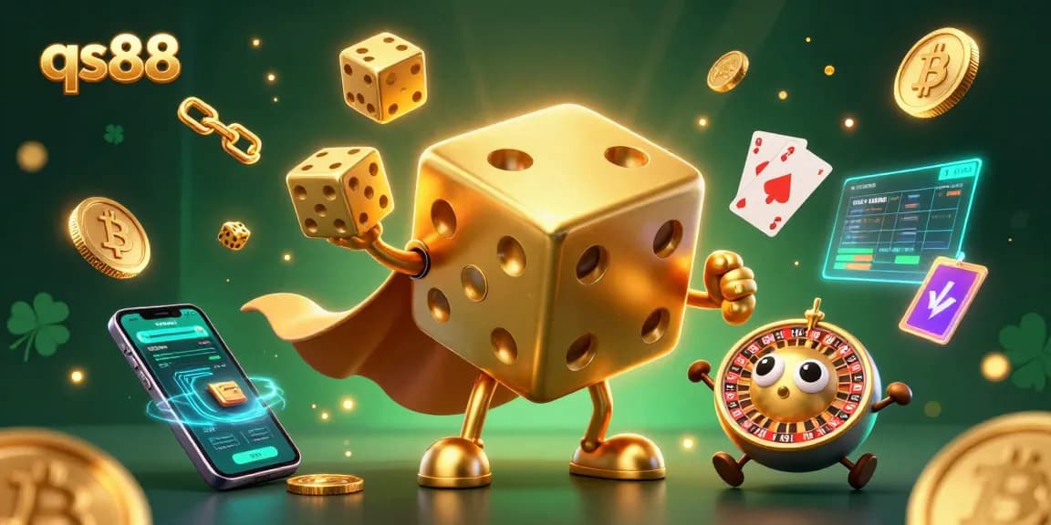 Experience thrilling casino action with qs88's vibrant 3D digital art showcasing excitement and crypto rewards.