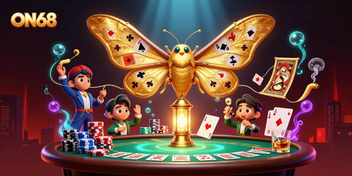 Experience ON68's vibrant casino adventures with a dazzling moth and poker elements.