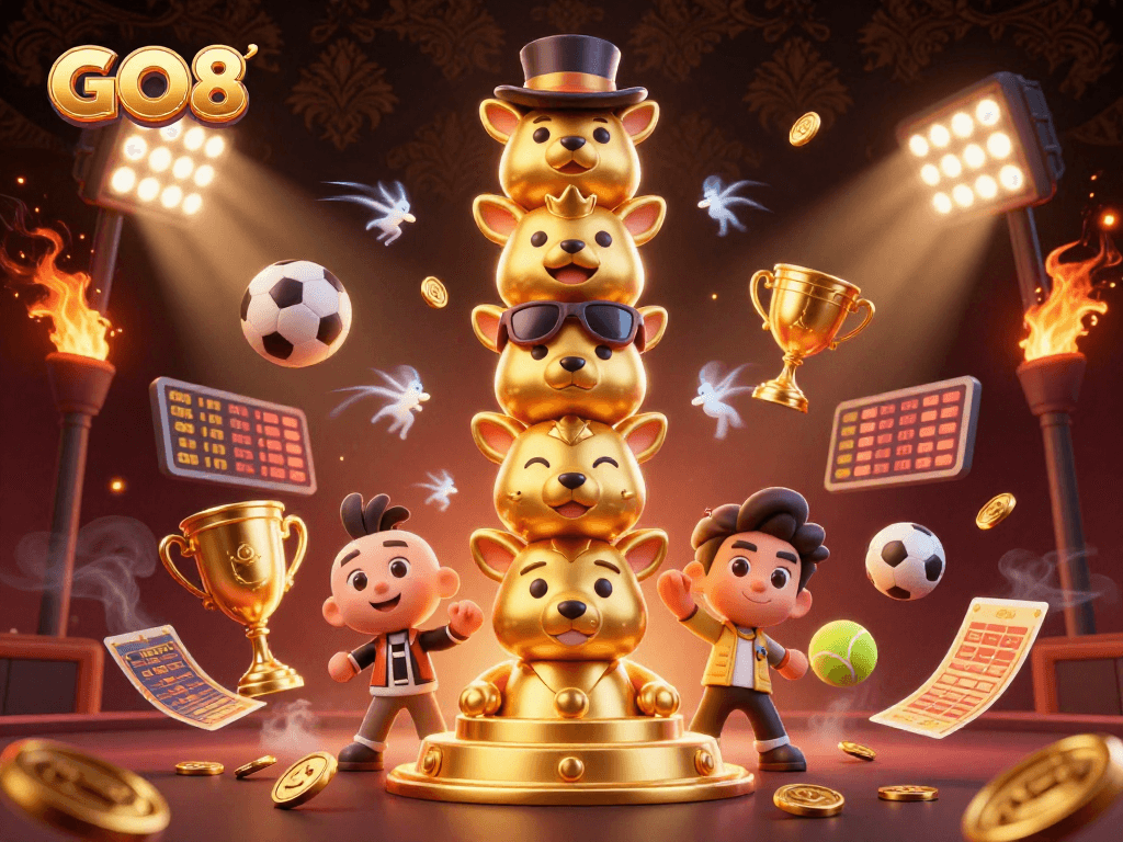 Experience GO8's vibrant gaming universe with a dynamic illustration featuring sports elements and animated characters.