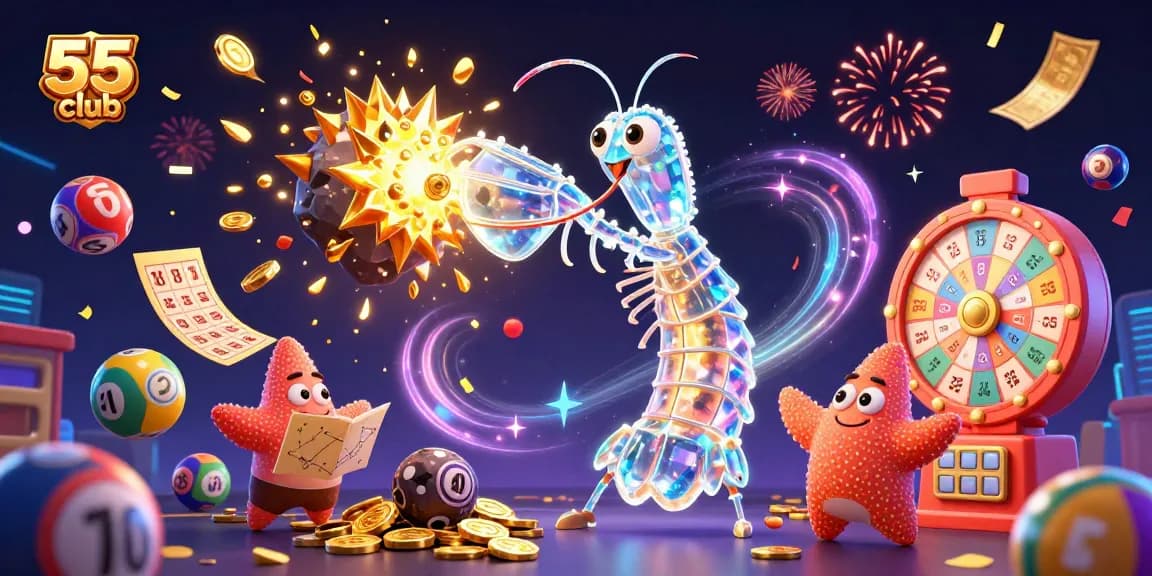 The energetic scene of the 55 club featuring cartoon characters amid colorful lottery elements, exuding excitement and fun.