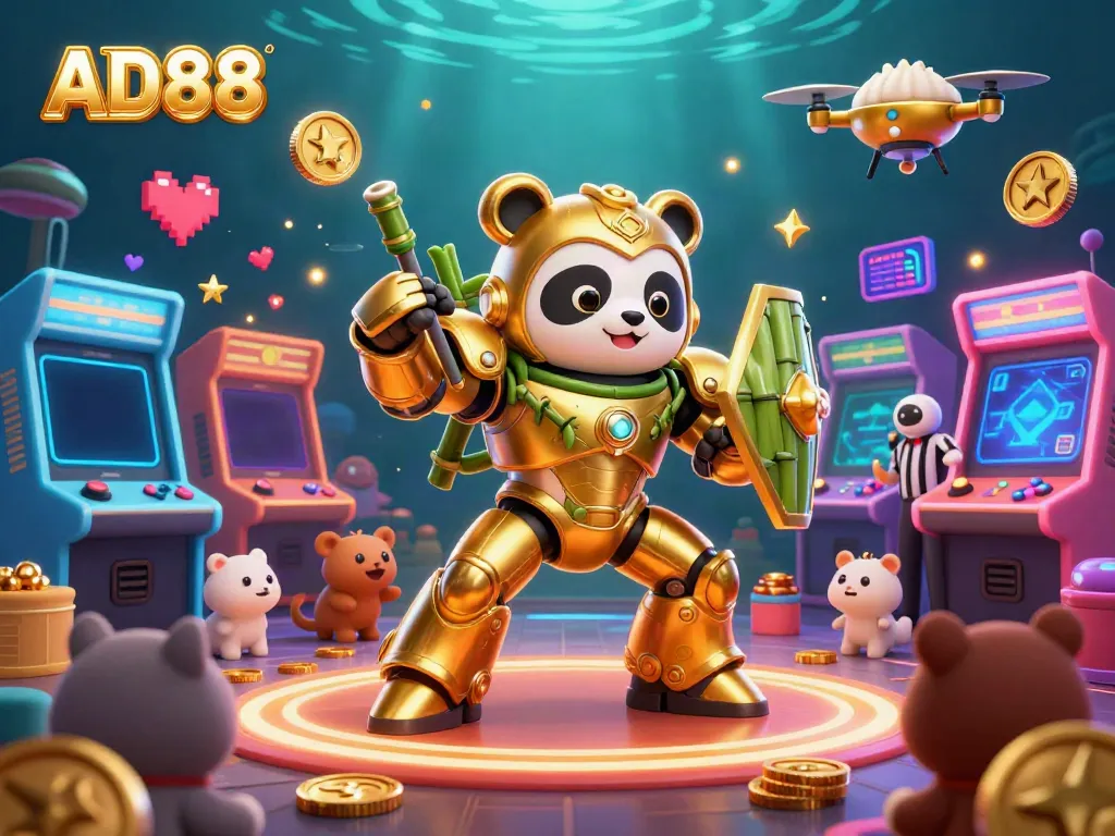 AD88 showcases a lively casino atmosphere featuring a golden panda in a mech suit amid vibrant arcade elements, enhancing gaming excitement.