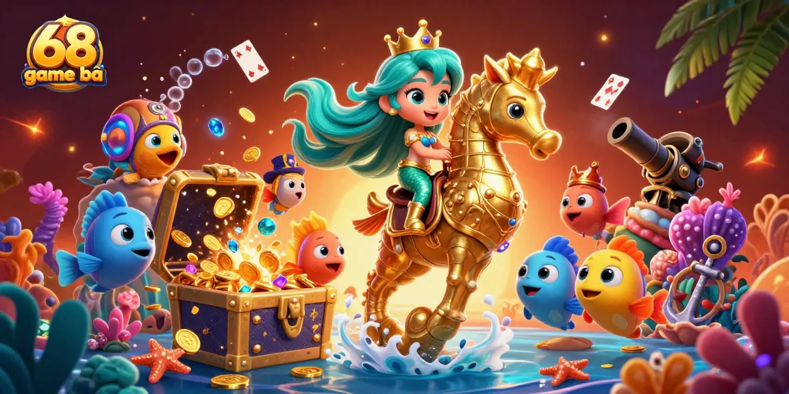 Engage in lively 68 game bài action with vibrant underwater characters playing cards and enjoying treasure.