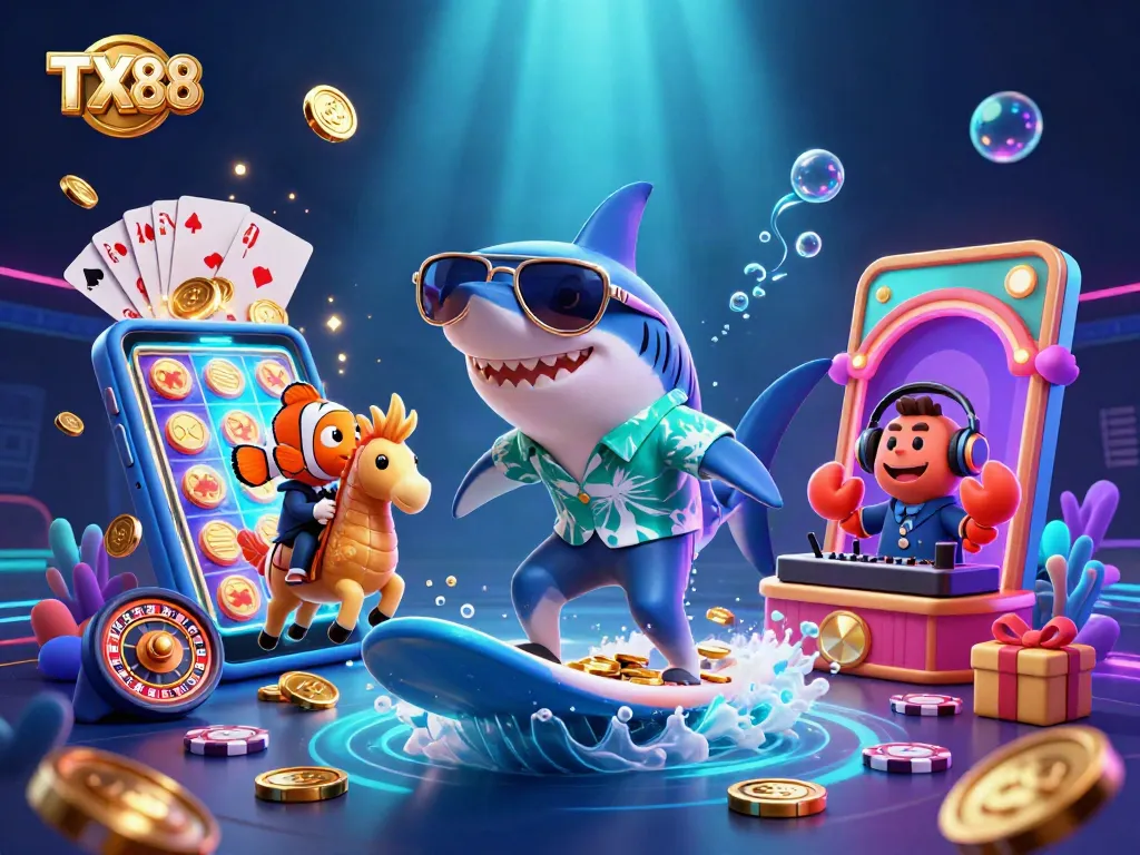 Experience dynamic gaming with TX88 as a shark surfs on gold coins surrounded by vibrant casino elements.