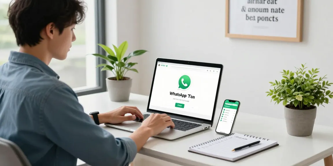 Downloading WhatsApp下載 in a modern workspace with laptop, smartphone, and motivational decor.