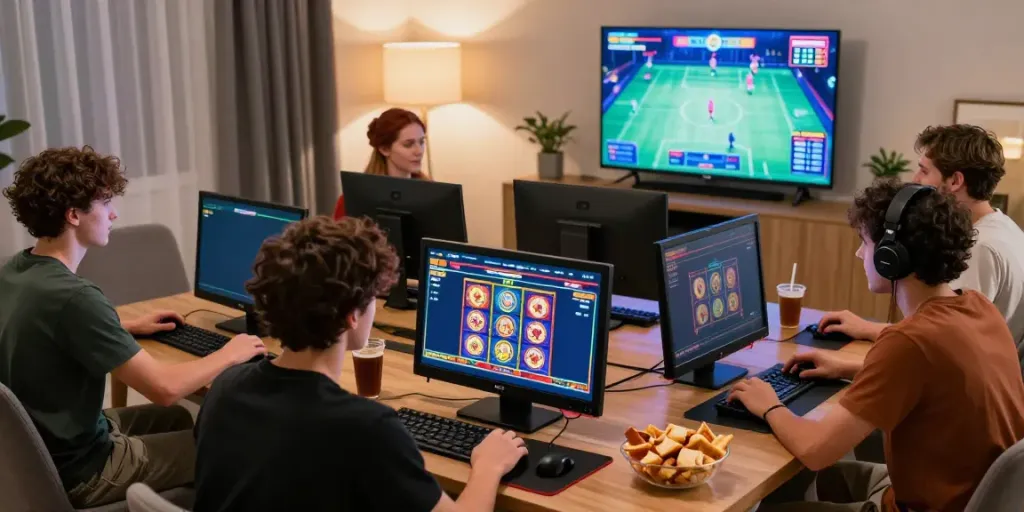 Exciting home gaming setup showcasing non GamStop casinos UK players enjoying online slots with vibrant graphics and cozy atmosphere.